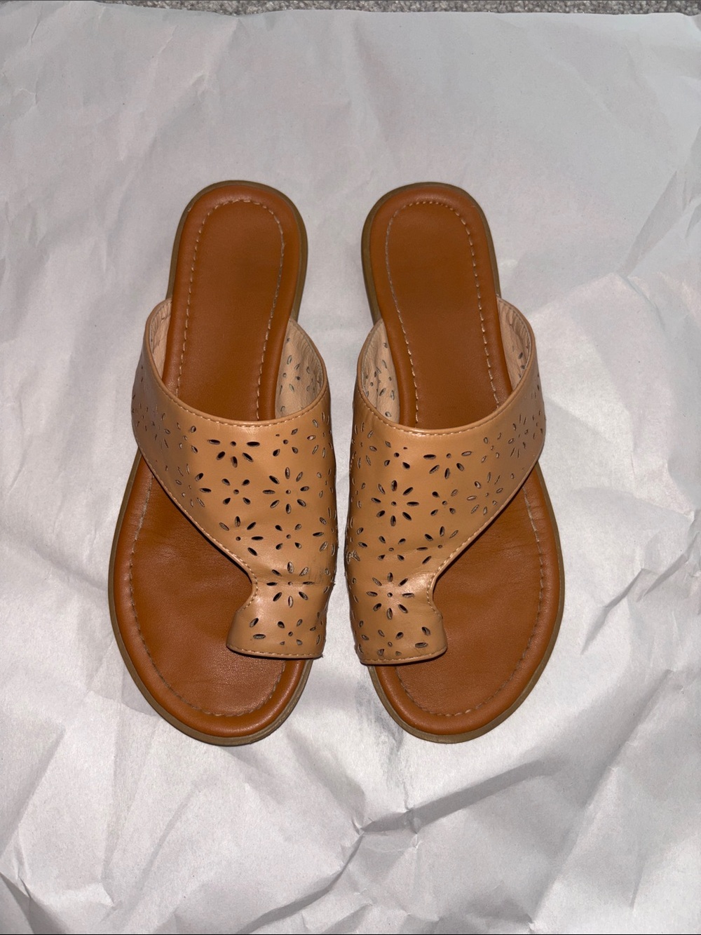 Women's Tan Perforated Leather Toe-Post Sandals